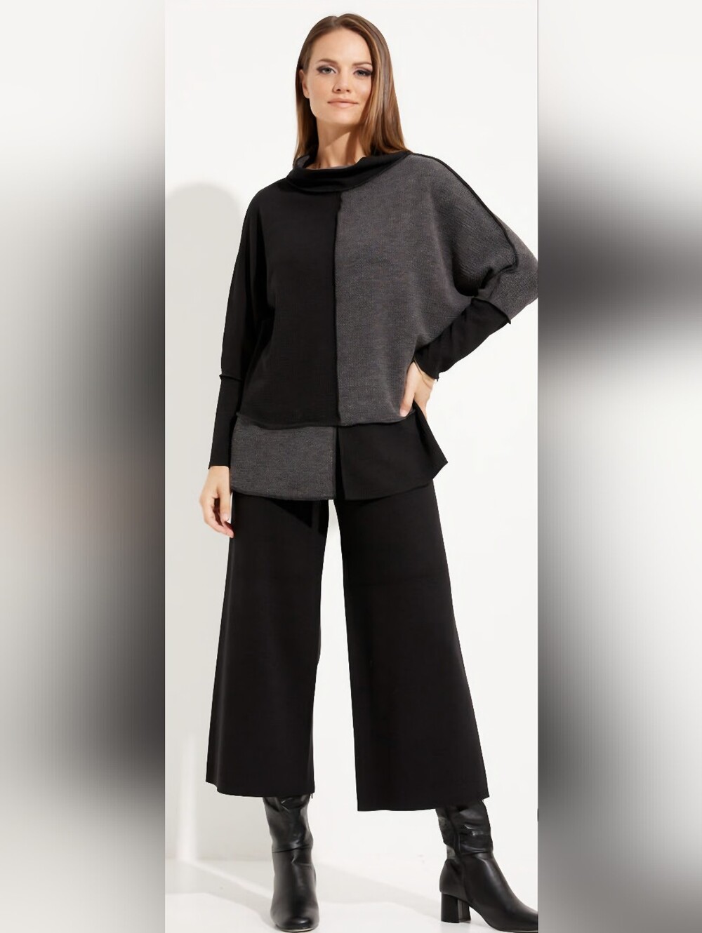 Joseph Ribkoff black and grey color-block cowl neck pullover sweater